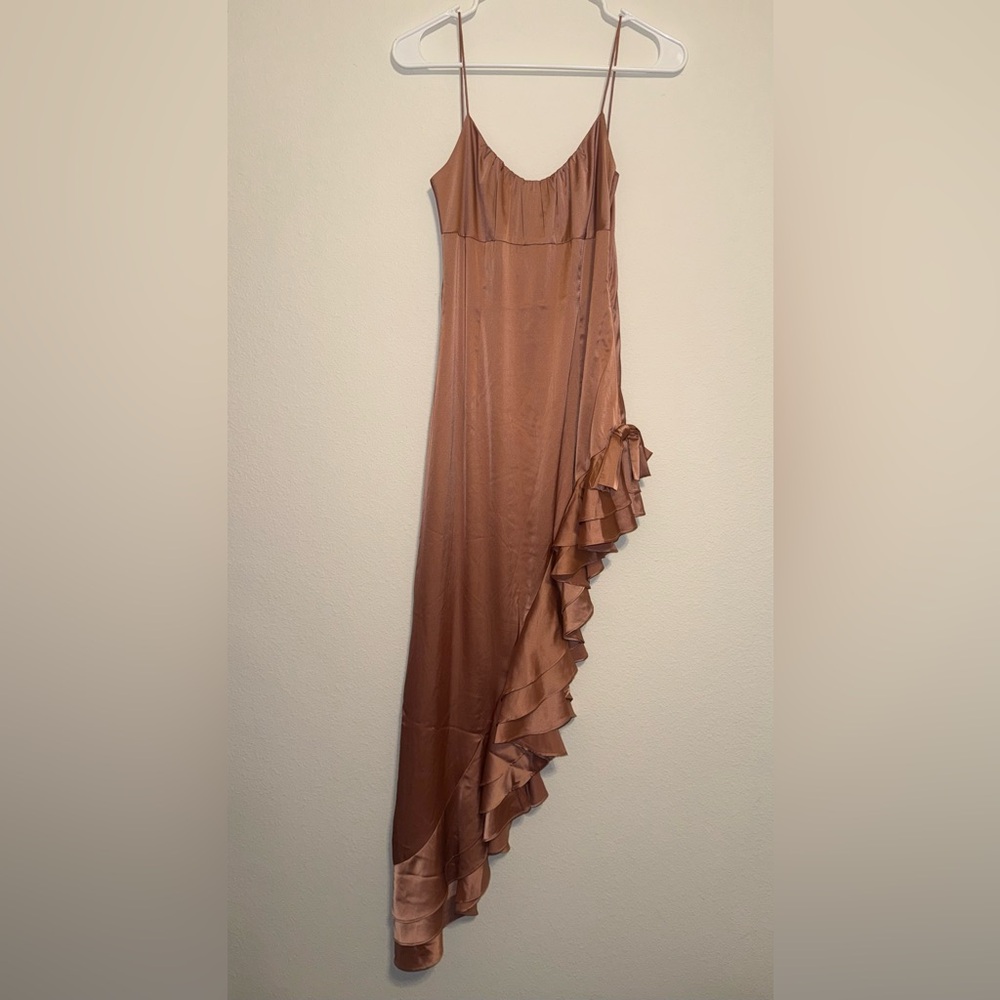Storia Elegant Brown Ruffled Asymmetrical Dress with Bow